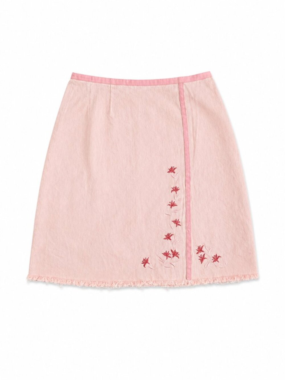Y2K Pink and White Stripes Denim Skirt with Embroidered Flowers Size 12